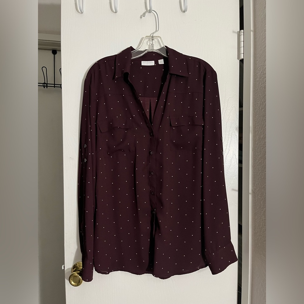 Burgundy Blouse With White Polka Dots - Semi See Through.